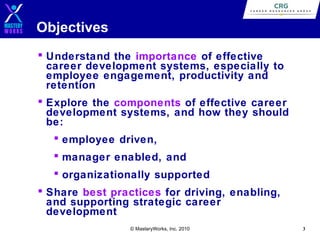 Objectives
 Understand the importance of effective
career development systems, especially to
employee engagement, productivity and
retention
 Explore the components of effective career
development systems, and how they should
be:
 employee driven,
 manager enabled, and
 organizationally supported
 Share best practices for driving, enabling,
and supporting strategic career
development
© MasteryWorks, Inc. 2010

3

 
