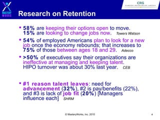 Research on Retention
 58% are keeping their options open to move.
15% are looking to change jobs now. Towers Watson
 54% of employed Americans plan to look for a new
job once the economy rebounds; that increases to
75% of those between ages 18 and 29. Adecco
 >50% of executives say their organizations are
ineffective at managing and keeping talent.
HIPO turnover was about 30% last year. CEB
 #1 reason talent leaves: need for
advancement (32%), #2 is pay/benefits (22%),
and #3 is lack of job fit (20%) [Managers
influence each] SHRM
© MasteryWorks, Inc. 2010

4

 