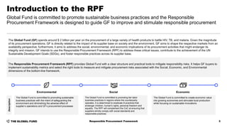 The Global Fund (GF) spends around $ 2 billion per year on the procurement of a large variety of health products to battle HIV, TB, and malaria. Given the magnitude
of its procurement operations, GF is directly related to the impact of its supplier base on society and the environment. GF aims to shape the respective markets from an
availability perspective; furthermore, it aims to address the social, environmental, and economic implications of its procurement activities that might endanger its
integrity and mission. GF intends to use the Responsible Procurement Framework (RPF) to address these critical issues, contribute to the achievement of the UN
Sustainable Development Goals (SDGs), and foster responsible practices across its supplier base.
The Responsible Procurement Framework (RPF) provides Global Fund with a clear structure and practical tools to mitigate responsibility risks. It helps GF buyers to
implement sustainability metrics and select the right tools to measure and mitigate procurement risks associated with the Social, Economic, and Environmental
dimensions of the bottom-line framework.
3
Introduction to the RPF
Responsible Procurement Framework
Environmental Social Economic
The Global Fund is committed to promoting sustainable
business practices with the intent of safeguarding the
environment and diminishing the adverse effect of
supplier’s operations and GF’s procurement processes
The Global Fund is committed to promoting fair labor
business practices in regions where the counterparty
operates. It is determined to eradicate ill-practices that
endanger children, human's rights, personal freedom and
equality. The RPF will complement the CoC at ensuring that
suppliers strictly comply with social standards and
responsible practices
The Global Fund is committed to create economic value
into growing economies and stimulate local production
while focusing on sustainable innovations
Description
Global Fund is committed to promote sustainable business practices and the Responsible
Procurement Framework is designed to guide GF to improve and stimulate responsible procurement
 