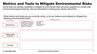 Responsible Procurement Framework 7
What metrics and tools are you currently using, or do you believe exist already to mitigate the
following environmental risks?
Metrics and Tools to Mitigate Environmental Risks
Some tools are already available to mitigate environmental risks and push suppliers to comply with
environmental good practices. We are interested in hearing your opinion about this
GHG Emissions
Pollution during
production
Packaging
Focus Areas
Metrics & Tools
e.g., Metrics: Kilograms of
emitted CO2e per transported
unit; Proportion of products
shipped using sea freight
compared to air freight
e.g., Tools: ISO
standards;
Responsible award
points system
 