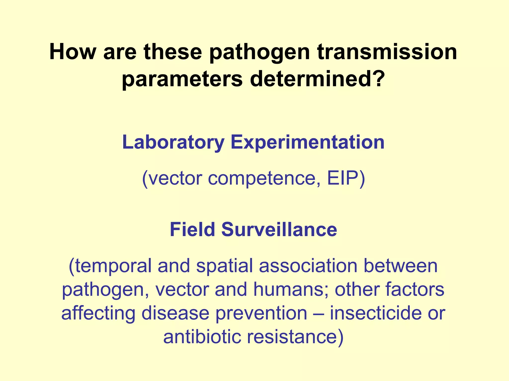 How are these pathogen transmission
parameters determined?
Laboratory Experimentation
(vector competence, EIP)
Field Surveillance
(temporal and spatial association between
pathogen, vector and humans; other factors
affecting disease prevention – insecticide or
antibiotic resistance)

 