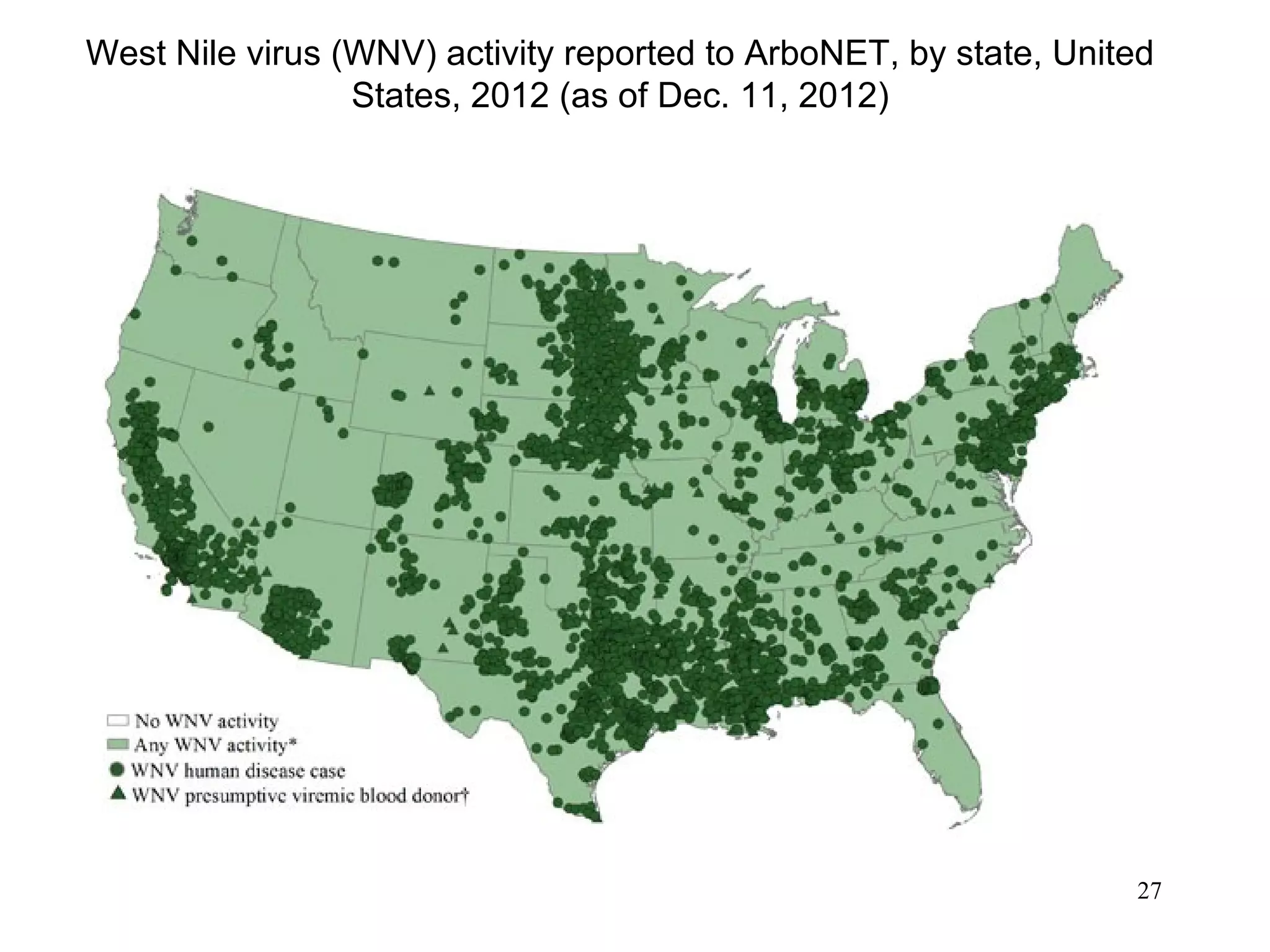 West Nile virus (WNV) activity reported to ArboNET, by state, United
States, 2012 (as of Dec. 11, 2012)

27

 