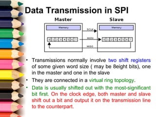 Data Transmission in SPI
• Transmissions normally involve two shift registers
of some given word size ( may be 8eight bits), one
in the master and one in the slave
• They are connected in a virtual ring topology.
• Data is usually shifted out with the most-significant
bit first. On the clock edge, both master and slave
shift out a bit and output it on the transmission line
to the counterpart.
 