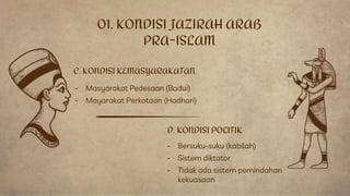 01. KONDISI JAZIRAH ARAB
PRA-ISLAM
C. KONDISI KEMASYARAKATAN
- Bersuku-suku (kabilah)
- Sistem diktator
- Tidak ada sistem pemindahan
kekuasaan
- Masyarakat Pedesaan (Badui)
- Mayarakat Perkotaan (Hadhari)
D. KONDISI POLITIK
 