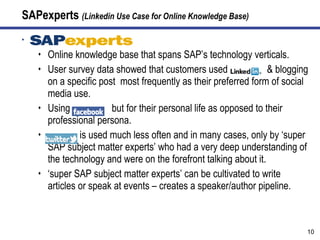 SAPexperts  (Linkedin Use Case for Online Knowledge Base) Sapexperts.com Online knowledge base that spans SAP’s technology verticals. User survey data showed that customers used  & blogging on a specific post  most frequently as their preferred form of social media use. Using  but for their personal life as opposed to their professional persona. is used much less often and in many cases, only by ‘super SAP subject matter experts’ who had a very deep understanding of the technology and were on the forefront talking about it. ‘ super SAP subject matter experts’ can be cultivated to write articles or speak at events – creates a speaker/author pipeline. 