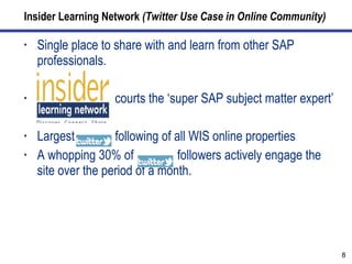 Insider Learning Network  (Twitter Use Case in Online Community) Single place to share with and learn from other SAP professionals.  courts the ‘super SAP subject matter expert’ Largest  following of all WIS online properties A whopping 30% of  followers actively engage the site over the period of a month.  