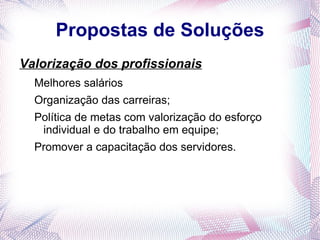 Propostas de Soluções
Valorização dos profissionais
  Melhores salários
  Organização das carreiras;
  Política de metas com valorização do esforço
   individual e do trabalho em equipe;
  Promover a capacitação dos servidores.
 