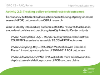 Activity 2.3: Tracking policy-oriented research outcomes
http://impact.cgiar.orgISPC 12 – FAO, Rome
Consultancy (Mitch Renkow) to institutionalize tracking of policy-oriented
research (POR) outcomes from CGIAR research
Aims to identify intermediate outcomes of CGIAR research that bear on
macro level policies and practices plausibly linked to Center outputs
Phase 1 (completed July – Dec2014) : Information collected from
CGIAR PMS exercise to assemble 93 CGIAR POR outcomes
Phase 2 (ongoing May – Oct 2015) : Verification with Centers of
Phase 1 inventory + compilation of 2010-2014 POR outcomes
Phase 3 (foreseen in 2016): SPIA will initiate more selective and in-
depth external validation process of POR outcome claims
 