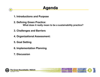 1. Introductions and Purpose

2. Defining Green Practice:
       What does it really mean to be a sustainability practice?

3. Challenges and Barriers

4. Organizational Assessment:

5. Goal Setting

6. Implementation Planning

7. Discussion
 