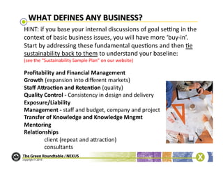 HINT:	
  if	
  you	
  base	
  your	
  internal	
  discussions	
  of	
  goal	
  seung	
  in	
  the	
  
context	
  of	
  basic	
  business	
  issues,	
  you	
  will	
  have	
  more	
  ‘buy-­‐in’.	
  
Start	
  by	
  addressing	
  these	
  fundamental	
  ques/ons	
  and	
  then	
  /e	
  
sustainability	
  back	
  to	
  them	
  to	
  understand	
  your	
  baseline:	
  
(see	
  the	
  “Sustainability	
  Sample	
  Plan”	
  on	
  our	
  website)	
  

Proﬁtability	
  and	
  Financial	
  Management	
  
Growth	
  (expansion	
  into	
  diﬀerent	
  markets)	
  
Staﬀ	
  Afracbon	
  and	
  Retenbon	
  (quality)	
  
Quality	
  Control	
  -­‐	
  Consistency	
  in	
  design	
  and	
  delivery	
  
Exposure/Liability	
  
Management	
  -­‐	
  staﬀ	
  and	
  budget,	
  company	
  and	
  project	
  
Transfer	
  of	
  Knowledge	
  and	
  Knowledge	
  Mngmt	
  
Mentoring	
  
Relabonships	
  
         	
  client	
  (repeat	
  and	
  acrac/on)	
  
         	
  consultants	
  
 