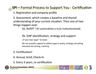 SPI	
  –	
  Formal	
  Process	
  to	
  Support	
  You	
  -­‐	
  Cer/ﬁca/on	
  
1.	
  Registra/on	
  and	
  company	
  proﬁle	
  
2.	
  Assessment,	
  which	
  creates	
  a	
  baseline	
  and	
  shared	
  
understanding	
  of	
  your	
  current	
  situa/on.	
  Then	
  one	
  of	
  two	
  
things	
  happen	
  next:	
  
          	
  3a.	
  AUDIT	
  !	
  (If	
  sustainability	
  is	
  truly	
  ins/tu/onalized)	
  

          	
  3b.	
  GAP	
  iden/ﬁca/on,	
  strategy	
  and	
  support	
  
          	
  	
  (if	
  you	
  have	
  “gaps”	
  to	
  close)	
  
          	
  We	
  can	
  provide	
  support	
  to	
  address	
  gaps	
  in	
  policy,	
  strategy	
  consul/ng,	
  
           	
  educa/on	
  &	
  training,	
  coaching	
  

3.	
  Cer/ﬁca/on!	
  
4.	
  Annual,	
  brief,	
  Check-­‐In	
  
5.	
  Every	
  3	
  years,	
  re-­‐cer/ﬁca/on	
  
 