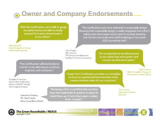 Owner and Company Endorsements




                                   “Knowing	
  a	
  ﬁrm	
  is	
  cerbﬁed	
  tells	
  me	
  they	
  
                                   have	
  the	
  leadership	
  &	
  systems	
  in	
  place	
  to	
  
Lawrence	
  Healey,	
              back	
  them	
  up.	
  It	
  sets	
  them	
  apart,	
  makes	
  
Dir.	
  Real	
  Estate	
  
                                                      them	
  a	
  leader”	
  
Blue	
  Cross/Blue	
  Shield	
  
 