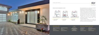L I N E A P O R T O N C I N I
Tutti i serramenti SPI in Pvc e in alluminio sono realizzabili
anche nella versione portoncino da ingresso.
SPI garantisce, in tal modo, la possibilità di istallare nella
propria abitazione una gamma completa di infissi per
conferire uno stile omogeneo a tutti gli ambienti di casa.
I Portoncini da ingresso SPI non conoscono limiti nella
personalizzazione in termini di colore, forma e dimensioni,
anche grazie alla vasta scelta di pannelli disponibili.
Realizzabili ad una o più ante, con o senza sopraluce,
i Portoncini SPI sono frutto di una progettazione
particolarmente sensibile ai dettagli estetici e agli
accorgimenti antieffrazione.
I Portoncini SPI sono realizzati con un profilo anta
maggiorato, corredato da cerniere portoncino e di chiusure
di sicurezza a più punti con ferramenta a ganci.
Portoncino in PVC Portoncino in alluminio Light e Pro
CARATTERISTICHE
Configurazione telaio
Guarnzioni
Punti di chiusura
PORTONCINO SERIE ISOL 70Q
soglia
2 guarnizioni
serratura multipunto
PORTONCINO LIGHT
libero sotto
2 guarnizioni
3 punti con nottolino
PORTONCINO SERIE ANTEA 76
soglia
3 guarnizioni
serratura multipunto
PORTONCINO PRO
telaio a giro o soglia bassa
3 guarnizioni
serratura multipunto

LIGHT VERSION
libero sotto
PRO VERSION
soglia bassa
PRO VERSION
telaio a giro




Portoncini in alluminio disponibili in 3 versioni:
53
 