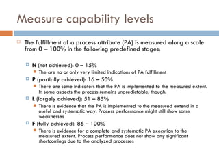 Measure capability levels The fulfillment of a process attribute (PA) is measured along a scale from 0 – 100% in the following predefined stages: N  (not achieved): 0 – 15% The are no or only very limited indications of PA fulfillment P  (partially achieved): 16 – 50% There are some indicators that the PA is implemented to the measured extent. In some aspects the process remains unpredictable, though. L  (largely achieved): 51 – 85% There is evidence that the PA is implemented to the measured extend in a useful and systematic way. Process performance might still show some weaknesses F  (fully achieved): 86 – 100% There is evidence for a complete and systematic PA execution to the measured extent. Process performance does not show any significant shortcomings due to the analyzed processes 