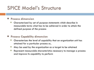 SPICE Model’s Structure Process dimension Characterized by set of purpose statements which describe in measurable terms what has to be achieved in order to attain the defined purpose of the process  Process Capability dimension Characterizes the level of capability that an organization unit has attained for a particular process or, May be used by the organization as a target to be attained Represent measurable characteristics necessary to manage a process and improve its capability to perform 