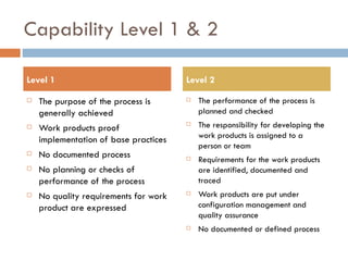 Capability Level 1 & 2 The purpose of the process is generally achieved Work products proof implementation of base practices  No documented process No planning or checks of performance of the process No quality requirements for work product are expressed The performance of the process is planned and checked  The responsibility for developing the work products is assigned to a person or team Requirements for the work products are identified, documented and traced Work products are put under configuration management and quality assurance No documented or defined process Level 1 Level 2 