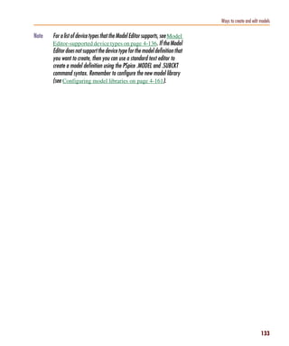 Pspug.book Page 133 Tuesday, May 16, 2000 1:17 PM




                                                                                               Ways to create and edit models

           Note        For a list of device types that the Model Editor supports, see Model
                       Editor-supported device types on page 4-136. If the Model
                       Editor does not support the device type for the model definition that
                       you want to create, then you can use a standard text editor to
                       create a model definition using the PSpice .MODEL and .SUBCKT
                       command syntax. Remember to configure the new model library
                       (see Configuring model libraries on page 4-161).




                                                                                                                       133
 