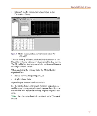 Pspug.book Page 147 Tuesday, May 16, 2000 1:17 PM




                                                                       Using the Model Editor to edit models

           •     DbreakX model parameter values listed in the
                 Parameters frame.




           Figure 30 Model characteristics and parameter values for
                      DbreakX.
           You can modify each model characteristic shown in the
           Model Spec frame with new values from the data sheets.
           The Model Editor takes the new information and fits new
           model parameter values.
           When updating the entered data, the Model Editor
           expects either:
           •     device curve data (point pairs), or
           •     single-valued data,
           depending on the device characteristic.
           For the diode, Forward Current, Junction Capacitance,
           and Reverse Leakage require device curve data. Reverse
           Breakdown and Reverse Recovery require single-valued
           data.
           Table 1 lists the data sheet information for the Dbreak-X
           model.




                                                                                                      147
 