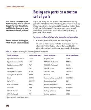 Pspug.book Page 174 Tuesday, May 16, 2000 1:17 PM




   Chapter 5 Creating parts for models


                                                    Basing new parts on a custom
                                                    set of parts
   Note If you use a custom part set, the           If you are using the the Model Editor to automatically
   Model Editor always checks the custom part       generate parts for model definitions, and you want to base
   library first for a part that matches the        the new parts on a custom graphic standard (rather than
   model definition. If none can be found,          the Orcad default parts), then you can change which
   they use the Orcad default part instead.         underlying parts either application uses by setting up
                                                    your own set of parts.

                                                    To create a custom set of parts for automatic part generation
   For more information on creating parts,          1    Create a part library with the custom parts.
   refer to the Orcad Capture User’s Guide.
                                                         Be sure to name these parts by their device type as
                                                         shown in Table 15; this is how the Model Editor
                                                         determines which part to use for a model definition.
   Table 15     Symbol Names for Custom Symbol Generation
     For this device type...                Use this symbol name...   For this device type...       Use this symbol name...

     Bipolar transistor: LPNP               LPNP                      Magnetic core                 CORE

     Bipolar transistor: NPN                NPN                       MOSFET: N-channel             NMOS

     Bipolar transistor: PNP                PNP                       MOSFET: P-channel             PMOS

     Capacitor*                             CAP                       OPAMP: 5-pin                  OPAMP5

     Darlington: N-channel                  NDAR                      OPAMP: 7-pin                  OPAMP7

     Darlington: P-channel                  PDAR                      Resistor*                     RES

     Diode                                  DIODE                     Switch: voltage-controlled*   VSWITCH

     GaAsFET*                               GASFET                    Transmission line*            TRN

     IGBT: N-channel                        NIGBT                     Voltage comparator            VCOMP

     Inductor*                              IND                       Voltage comparator: 6 pin     VCOMP6

     JFET: N-channel                        NJF                       Voltage reference             VREF

     JFET: P-channel                        PJF                       Voltage regulator             VREG

   * Does not apply to the Model Editor.




   174
 