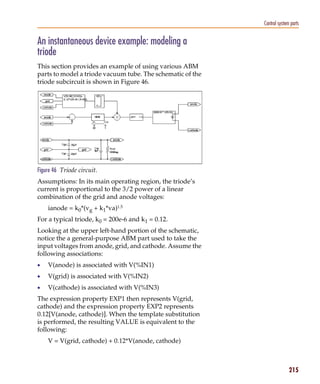 Pspug.book Page 215 Tuesday, May 16, 2000 1:17 PM




                                                                       Control system parts


           An instantaneous device example: modeling a
           triode
           This section provides an example of using various ABM
           parts to model a triode vacuum tube. The schematic of the
           triode subcircuit is shown in Figure 46.




           Figure 46 Triode circuit.
           Assumptions: In its main operating region, the triode’s
           current is proportional to the 3/2 power of a linear
           combination of the grid and anode voltages:
                 ianode = k0*(vg + k1*va)1.5
           For a typical triode, k0 = 200e-6 and k1 = 0.12.
           Looking at the upper left-hand portion of the schematic,
           notice the a general-purpose ABM part used to take the
           input voltages from anode, grid, and cathode. Assume the
           following associations:
           •     V(anode) is associated with V(%IN1)
           •     V(grid) is associated with V(%IN2)
           •     V(cathode) is associated with V(%IN3)
           The expression property EXP1 then represents V(grid,
           cathode) and the expression property EXP2 represents
           0.12[V(anode, cathode)]. When the template substitution
           is performed, the resulting VALUE is equivalent to the
           following:
                 V = V(grid, cathode) + 0.12*V(anode, cathode)



                                                                                     215
 