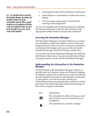 Pspug.book Page 316 Tuesday, May 16, 2000 1:17 PM




   Chapter 8 Setting up analyses and starting simulation

                                                              •   rearrange the order of the simulations in the queue
   Note For simulations that are queued in                    •   attach PSpice to a simulation to make it the active
   the Simulation Manager, the setting in the                     display
   Simulation Profile to start Probe
                                                              •   view the status and progress of simulations
   automatically is ignored. When a queued
                                                                  running in the background
   simulation runs to completion and finishes,
   it will not be loaded into Probe. You must              You can accomplish most of these functions by selecting
   do this manually if you want to see the                 the desired simulation in the list, then clicking on the
   results of that simulation.                             appropriate toolbar button to execute the command.


                                                           Accessing the Simulation Manager
                                                           The Simulation Manager is invoked whenever you start a
                                                           new simulation, either from PSpice or from a front-end
                                                           design entry tool. Since it is active as long as a simulation
                                                           is running in the background, you can also call up the
                                                           Simulation Manager from the Windows system tray.
                                                           You can also launch the Simulation Manager by itself from
                                                           the Windows Start menu. You do not need to have PSpice
                                                           running in order to work with the Simulation Manager.


                                                           Understanding the information in the Simulation
                                                           Manager
                                                           Every job listed in the Simulation Manager will have a
                                                           specific entry for Schedule, Status and Percent Complete.
                                                           In addition, certain color-coded icons are shown to the left
                                                           of each simulation file name to indicate their current state.
                                                           A quick glance over the list of jobs will tell you
                                                           immediately where any particular job is and how it will be
                                                           processed. The following tables explain the meanings of
                                                           the various categories and states.


                                                              Icon         Explanation
                                                                           The simulation is either in the queue and
                                                                           has not been run yet, or has been run to
                                                                           completion.
                                                                           The simulation is currently running.



   316
 