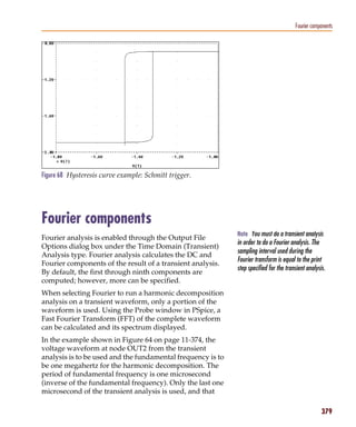 Pspug.book Page 379 Tuesday, May 16, 2000 1:17 PM




                                                                                                   Fourier components




           Figure 68 Hysteresis curve example: Schmitt trigger.




           Fourier components
                                                                        Note You must do a transient analysis
           Fourier analysis is enabled through the Output File
                                                                        in order to do a Fourier analysis. The
           Options dialog box under the Time Domain (Transient)
                                                                        sampling interval used during the
           Analysis type. Fourier analysis calculates the DC and
                                                                        Fourier transform is equal to the print
           Fourier components of the result of a transient analysis.
                                                                        step specified for the transient analysis.
           By default, the first through ninth components are
           computed; however, more can be specified.
           When selecting Fourier to run a harmonic decomposition
           analysis on a transient waveform, only a portion of the
           waveform is used. Using the Probe window in PSpice, a
           Fast Fourier Transform (FFT) of the complete waveform
           can be calculated and its spectrum displayed.
           In the example shown in Figure 64 on page 11-374, the
           voltage waveform at node OUT2 from the transient
           analysis is to be used and the fundamental frequency is to
           be one megahertz for the harmonic decomposition. The
           period of fundamental frequency is one microsecond
           (inverse of the fundamental frequency). Only the last one
           microsecond of the transient analysis is used, and that

                                                                                                                379
 