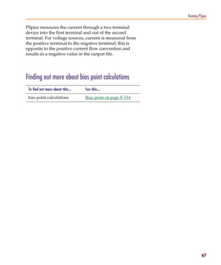 Pspug.book Page 67 Tuesday, May 16, 2000 1:17 PM




                                                                              Running PSpice

           PSpice measures the current through a two terminal
           device into the first terminal and out of the second
           terminal. For voltage sources, current is measured from
           the positive terminal to the negative terminal; this is
           opposite to the positive current flow convention and
           results in a negative value in the output file.




           Finding out more about bias point calculations
             To find out more about this...        See this...

             bias point calculations               Bias point on page 9-334




                                                                                        67
 