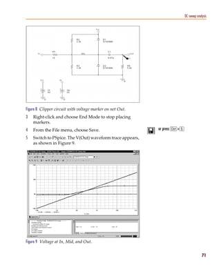 Pspug.book Page 71 Tuesday, May 16, 2000 1:17 PM




                                                                                       DC sweep analysis




           Figure 8 Clipper circuit with voltage marker on net Out.
           3     Right-click and choose End Mode to stop placing
                 markers.
           4     From the File menu, choose Save.                       or press C+s

           5     Switch to PSpice. The V(Out) waveform trace appears,
                 as shown in Figure 9.




           Figure 9 Voltage at In, Mid, and Out.


                                                                                                    71
 