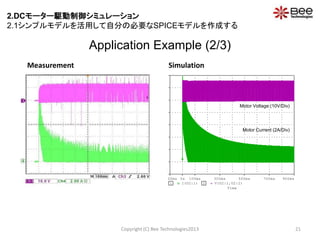 Time
-100ms 0s 100ms 300ms 500ms 700ms 900ms
1 I(U2:1) 2 V(U2:1,U2:2)
-2A
0A
2A
4A
6A
8A
10A
12A
14A
1
-60V
-50V
-40V
-30V
-20V
-10V
0V
10V
20V
2
>>
Application Example (2/3)
Copyright (C) Bee Technologies2013 21
Measurement Simulation
Motor Current (2A/Div)
Motor Voltage (10V/Div)
2.DCモーター駆動制御シミュレーション
2.1シンプルモデルを活用して自分の必要なSPICEモデルを作成する
 