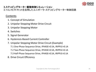 Contents
1. Concept of Simulation
2. Unipolar Stepping Motor Drive Circuit
3. Unipolar Stepping Motor
4. Switches
5. Signal Generator
6. Hysteresis-Based Current Controller
7. Unipolar Stepping Motor Drive Circuit (Example)
7.1 One-Phase Sequence Drive, IPHASE=0.5A, IRIPPLE=0.1A
7.2 Two-Phase Sequence Drive, IPHASE=0.5A, IRIPPLE=0.1A
7.3 Half-Phase Sequence Drive, IPHASE=0.5A, IRIPPLE=0.1A
8. Drive Circuit Efficiency
Copyright (C) Bee Technologies2013 26
3.ステッピングモーター駆動制御シミュレーション
3.1コンセプトキットを活用したユニポーラ・ステッピングモーター制御回路
 