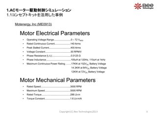 Motenergy, Inc (ME0913)
Motor Electrical Parameters
• Operating Voltage Range..........................0 – 72 VMAX
• Rated Continuous Current........................140 Arms
• Peak Stalled Current.................................400 Arms
• Voltage Constant.......................................50 RPM/V
• Phase Resistance (L-L).............................0.0125 Ω
• Phase Inductance......................................105uH at 120Hz, 110uH at 1kHz
• Maximum Continuous Power Rating……..17KW at 102VDC Battery Voltage
14.3KW at 84VDC Battery Voltage
12KW at 72VDC Battery Voltage
Motor Mechanical Parameters
• Rated Speed.............................................3000 RPM
• Maximum Speed.......................................5000 RPM
• Rated Torque............................................288 Lb-in
• Torque Constant.......................................1.6 Lb-in/A
Copyright (C) Bee Technologies2013 3
1.ACモーター駆動制御シミュレーション
1.1コンセプトキットを活用した事例
 