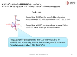 Switches
Copyright (C) Bee Technologies2013 30
• A near-ideal DIODE can be modeled by using spice
primitive model (D), which parameter: N=0.01 RS=0.
• A near-ideal MOSFET can be modeled by using PSpice
VSWITCH that is voltage controlled switch.
DIODE
D1
0
+
-
+
-
S1
S
RON = 10m
VCC
Ctrl_A A
The parameter RON represents Rds(on) characteristics of
MOSFET, that are usually provide by the manufacturer datasheet.
The value could be about 10m to 10 ohm.
3.ステッピングモーター駆動制御シミュレーション
3.1コンセプトキットを活用したユニポーラ・ステッピングモーター制御回路
 