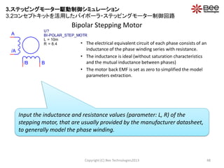 Bipolar Stepping Motor
Copyright (C) Bee Technologies2013 48
• The electrical equivalent circuit of each phase consists of an
inductance of the phase winding series with resistance.
• The inductance is ideal (without saturation characteristics
and the mutual inductance between phases)
• The motor back EMF is set as zero to simplified the model
parameters extraction.
Input the inductance and resistance values (parameter: L, R) of the
stepping motor, that are usually provided by the manufacturer datasheet,
to generally model the phase winding.
A
/A
B/B
U?
BI-POLAR_STEP_MOTR
L = 10m
R = 8.4
3.ステッピングモーター駆動制御シミュレーション
3.2コンセプトキットを活用したバイポーラ・ステッピングモーター制御回路
 