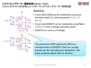 Switches
Copyright (C) Bee Technologies2013 49
• A near-ideal DIODE can be modeled by using spice
primitive model (D), which parameter: N=0.01
RS=0.
• A near-ideal MOSFET can be modeled by using PSpice
VSWITCH that is voltage controlled switch.
• MOSFETs are used as a H-Bridge.
The parameter RON represents Rds(on)
characteristics of MOSFET, that are usually
provide by the manufacturer datasheet. The
value could be about 10m to 10 ohm.
OU
I
OL
U2
GDRV
OU
I
OL
U3
GDRV
+
-
+
-
S1
S
0
VCC
DIODE
D1
AU
+
-
+
-
S2
S
RON = 10m
DIODE
D2
AL
0
+
-
+
-
S3
S
VCC
0
DIODE
D3
/AU
+
-
+
-
S4
S
DIODE
D4
/AL
0
Ctrl_A
Ctrl_/A
A
/A
3.ステッピングモーター駆動制御シミュレーション
3.2コンセプトキットを活用したバイポーラ・ステッピングモーター制御回路
 