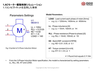 Parameters Settings
Copyright (C) Bee Technologies2013 7
LOAD : Load current each phase of motor [Arms]
– e.g. LL = 125Arms, 140Arms, or 400Arms
LL : Phase inductance [H]
– e.g. LL = 10mH, 100mH, or 1H
RLL : Phase resistance (Phase-to-phase) [Ω]
– e.g. RLL = 10mΩ, 100mΩ, or 1Ω
KE : Back-EMF constant [V/RPM]
– e.g. KE= 0.01, 0.05, or 0.1
KT : Torque constant [Lb-in/A]
– e.g. KT= 0.1, 0.5, or 1
 1 Pound Inch equals 0.11 Nm
Model Parameters:
Fig. 4 Symbol of 3-Phase Induction Motor
• From the 3-Phase Induction Motor specification, the model is characterized by setting parameters
LL, RLL, KE, KT and LOAD.
M N0
U1
ME0913
LL = 105U
LOAD = 140
KT = 1.6
KE = 0.02
RLL = 0.0125
1
2
3
4
1.ACモーター駆動制御シミュレーション
1.1コンセプトキットを活用した事例
 