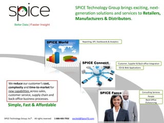 SPICE Technology Group brings exciting, next-
                                                                       generation solutions and services to Retailers,
                                                                       Manufacturers & Distributors.




                                            SPICE World                      Reporting, KPI, Dashboards & Analytics




                                                                             SPICE Connect                        Customer, Supplier & Back-office Integration
                                                                                                                      EDI & Web Applications




    We reduce our customer’s cost,
    complexity and time-to-market for
    new capabilities across sales,
                                                                                               SPICE Force                                     Consulting Services
    customer service, supply chain and                                                                                                               People
    back-office business processes.                                                                                                               Back-Office
                                                                                                                                                  Outsourcing
    Simple, Fast & Affordable

SPICE Technology Group, Inc©. All rights reserved   1-888-400-7950   excited@SpiceTG.com
 