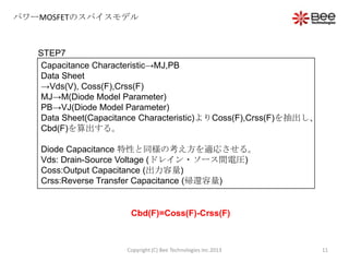 パワーMOSFETのスパイスモデル
STEP7
Capacitance Characteristic→MJ,PB
Data Sheet
→Vds(V), Coss(F),Crss(F)
MJ→M(Diode Model Parameter)
PB→VJ(Diode Model Parameter)
Data Sheet(Capacitance Characteristic)よりCoss(F),Crss(F)を抽出し、
Cbd(F)を算出する。
Diode Capacitance 特性と同様の考え方を適応させる。
Vds: Drain-Source Voltage (ドレイン・ソース間電圧)
Coss:Output Capacitance (出力容量)
Crss:Reverse Transfer Capacitance (帰還容量)
Cbd(F)=Coss(F)-Crss(F)
11Copyright (C) Bee Technologies Inc.2013
 