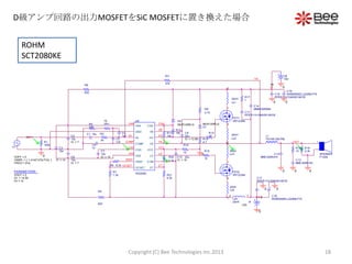 +
-
SPEAKER
F120A
V V
FET1
IRFIZ24N
V
V
V
V
FET2
IRFIZ24N
V1
FREQ = {f in}
VAMPL = { 1.4142*VOUT/Gv }
VOFF = 0
0
C4
1nF
+B
15V
+
C18
EKMG500ELL222MLP1S
C5
1nF
0
C6
1n R18
10
0
R19
2.2k
C1 10u
C14
MMH250K684
R4
220
C7
10u
IC = 10
R2
3k
R1
100k
C10 22u
IC = 15
OUT
C9
22u
IC = 12.85
MUR120RLG
D2
VS
IN
R13
10
R3
47k
L1
7G14N-220-RB
VB
R17
1
0
R20
3.3k
R21
8.2k
R8
820
+B
VREF
VAA
0
R6 8.2k
R7
1.2k
CSD
OCSET
IN-
U5
IRS2092
VAA
GND
IN-
COMP
CSD
VSS
VREF
OCSET DT
COM
LO
VCC
VS
HO
VB
CSH
VCC
0
DT
VSS 0
COMP
HO
R5
820
-B
R15
10
LO
VR1
75
-B
-15V
0
C2
10u
IC = 7
C8
10u
IC = 7
R11
10k
CSH
VS
C13
MMC400K104
0
C12
MMC250K474
R16
10
C11
RPER11H104K2K1A01B
C15
RPER11H104K2K1A01B
0Ls1
20nH
1
2
Ls2
20nH
1
2
Ls3
20nH
1
2
Ls4
20nH
1
2
R14
4.7
MUR120RLG
D1
0
R9
4.7k
+
C16
EKMG500ELL222MLP1S
C3
10u
IC = 14
Ls5
20nH
12
C17
RPER11H104K2K1A01B
R12
10k
PARAMETERS:
VOUT = 2
Gv = 15.85
f in = 1k
D級アンプ回路の出力MOSFETをSiC MOSFETに置き換えた場合
ROHM
SCT2080KE
18Copyright (C) Bee Technologies Inc.2013
 