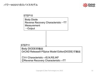 パワーMOSFETのスパイスモデル
STEP10
Body Diode
Reverse Recovery Characteristic→TT
Measurement
→Output
STEP11
Body DIODEの抽出
OrCAD Release9 PSpice Model Editor(DIODE)で抽出
①V-I Characteristic→IS,N,RS,IKF
②Reverse Recovery Characteristic→TT
13Copyright (C) Bee Technologies Inc.2013
 