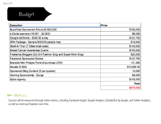 Budget
Success will be measured through online metrics, including Facebook Insight, Google Analytics, DoubleClick by Google, and Twitter Analytics,
as well as event participation over time.
Metrics
Spice 24
 