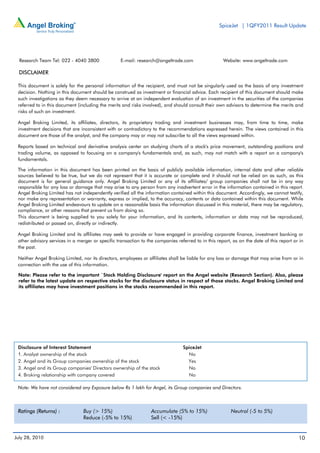 SpiceJet | 1QFY2011 Result Update




  Research Team Tel: 022 - 4040 3800               E-mail: research@angeltrade.com                   Website: www.angeltrade.com

  DISCLAIMER
  Research Team Tel: 022 - 4040 3800               E-mail: research@angeltrade.com                  Website: www.angeltrade.com
 This document is solely for the personal information of the recipient, and must not be singularly used as the basis of any investment
  DISCLAIMER
 decision. Nothing in this document should be construed as investment or financial advice. Each recipient of this document should make
 such investigations as they deem necessary to arrive at an independent evaluation of an investment in the securities of the companies
 referred to in this document the personal information of the recipient, and must not be singularly advisors thedetermineany merits and
 This document is solely for (including the merits and risks involved), and should consult their own used as to basis of the investment
 risks of such an investment.
 decision. Nothing in this document should be construed as investment or financial advice. Each recipient of this document should make
 such investigations as they deem necessary to arrive at an independent evaluation of an investment in the securities of the companies
 Angel Broking Limited, its affiliates, directors, its proprietary trading and investment businesses may, from time to time, make
 referred to in this document (including the merits and risks involved), and should consult their own advisors to determine the merits and
 investment decisions that are inconsistent with or contradictory to the recommendations expressed herein. The views contained in this
 risks of such an investment.
 document are those of the analyst, and the company may or may not subscribe to all the views expressed within.
 Angel Broking Limited, its affiliates, directors, its proprietary trading and investment businesses may, from time to time, make
 Reports based on technical and derivative analysis center on studying charts of a stock's price movement, outstanding positions and
 investment decisions that are inconsistent with or contradictory to the recommendations expressed herein. The views contained in this
 trading volume, as opposed to focusing on a company's fundamentals and, as such, may not match with a report on a company's
 document are those of the analyst, and the company may or may not subscribe to all the views expressed within.
 fundamentals.
 Reports based on technical and derivative analysis center on studying charts of a stock's price movement, outstanding positions and
 The information in this document has been printed on the basis of publicly available information, internal data and other reliable
 trading volume, as opposed to focusing on a company's fundamentals and, as such, may not match with a report on a company's
 sources believed to be true, but we do not represent that it is accurate or complete and it should not be relied on as such, as this
 fundamentals.
 document is for general guidance only. Angel Broking Limited or any of its affiliates/ group companies shall not be in any way
 responsible for any loss or damage that may arise to any person from any inadvertent error in the information contained in this report.
 The information in this document has been printed on the basis of publicly available information, internal data and other reliable
 Angel Broking Limited has not independently verified all the information contained within this document. Accordingly, we cannot testify,
 sources believed to be true, but we do not represent that it is accurate or complete and it should not be relied on as such, as this
 nor make any representation or warranty, express or implied, to the accuracy, contents or data contained within this document. While
 document is for general guidance only. Angel Broking Limited or any of its affiliates/ group companies shall not be in any way
 Angel Broking Limited endeavours to update on a reasonable basis the information discussed in this material, there may be regulatory,
 responsible for any loss or damage that may arise to any person from any inadvertent error in the information contained in this report.
 compliance, or other reasons that prevent us from doing so.
 Angel Broking Limited has not independently verified all the information contained within this document. Accordingly, we cannot testify,
 This make any representation or warranty,solely foror implied, to the accuracy, contents, or data contained within this document. While
 nor document is being supplied to you express your information, and its contents information or data may not be reproduced,
 redistributed orLimited endeavours to update on a reasonable basis the information discussed in this material, there may be regulatory,
 Angel Broking passed on, directly or indirectly.
 compliance, or other reasons that prevent us from doing so.
 Angel Broking Limited and its affiliates may seek to provide or have engaged in providing corporate finance, investment banking or
 This document is being supplied to you solely for your information, and its contents, information or data may not be reproduced,
 other advisory services in a merger or specific transaction to the companies referred to in this report, as on the date of this report or in
 redistributed or passed on, directly or indirectly.
 the past.
 Angel Broking Limited and its affiliates may seek to provide or have engaged in providing corporate finance, investment banking or
 Neither Angel Broking Limited, nor its directors, employees or affiliates shall be liable for any loss or damage that may arise from or in
 other advisory services in a merger or specific transaction to the companies referred to in this report, as on the date of this report or in
 connection with the use of this information.
 the past.
 Note: Please refer to the important `Stock Holding Disclosure' report on the Angel website (Research Section). Also, please
 Neither Angel Broking Limited, nor its directors, employees or affiliates shall be liable for any loss or damage that may arise from or in
 refer to the latest update on respective stocks for the disclosure status in respect of those stocks. Angel Broking Limited and
 connection with the use of this information.
 its affiliates may have investment positions in the stocks recommended in this report.
 Note: Please refer to the important `Stock Holding Disclosure' report on the Angel website (Research Section). Also, please




 Disclosure of Interest Statement                                                SpiceJet
 1. Analyst ownership of the stock                                                 No
 2. Angel and its Group companies ownership of the stock                           Yes
 3. Angel and its Group companies' Directors ownership of the stock                No
 4. Broking relationship with company covered                                      No

 Note: We have not considered any Exposure below Rs 1 lakh for Angel, its Group companies and Directors.



 Ratings (Returns) :             Buy (> 15%)                      Accumulate (5% to 15%)                 Neutral (-5 to 5%)
                                 Reduce (-5% to 15%)              Sell (< -15%)


July 28, 2010                                                                                                                             10
 