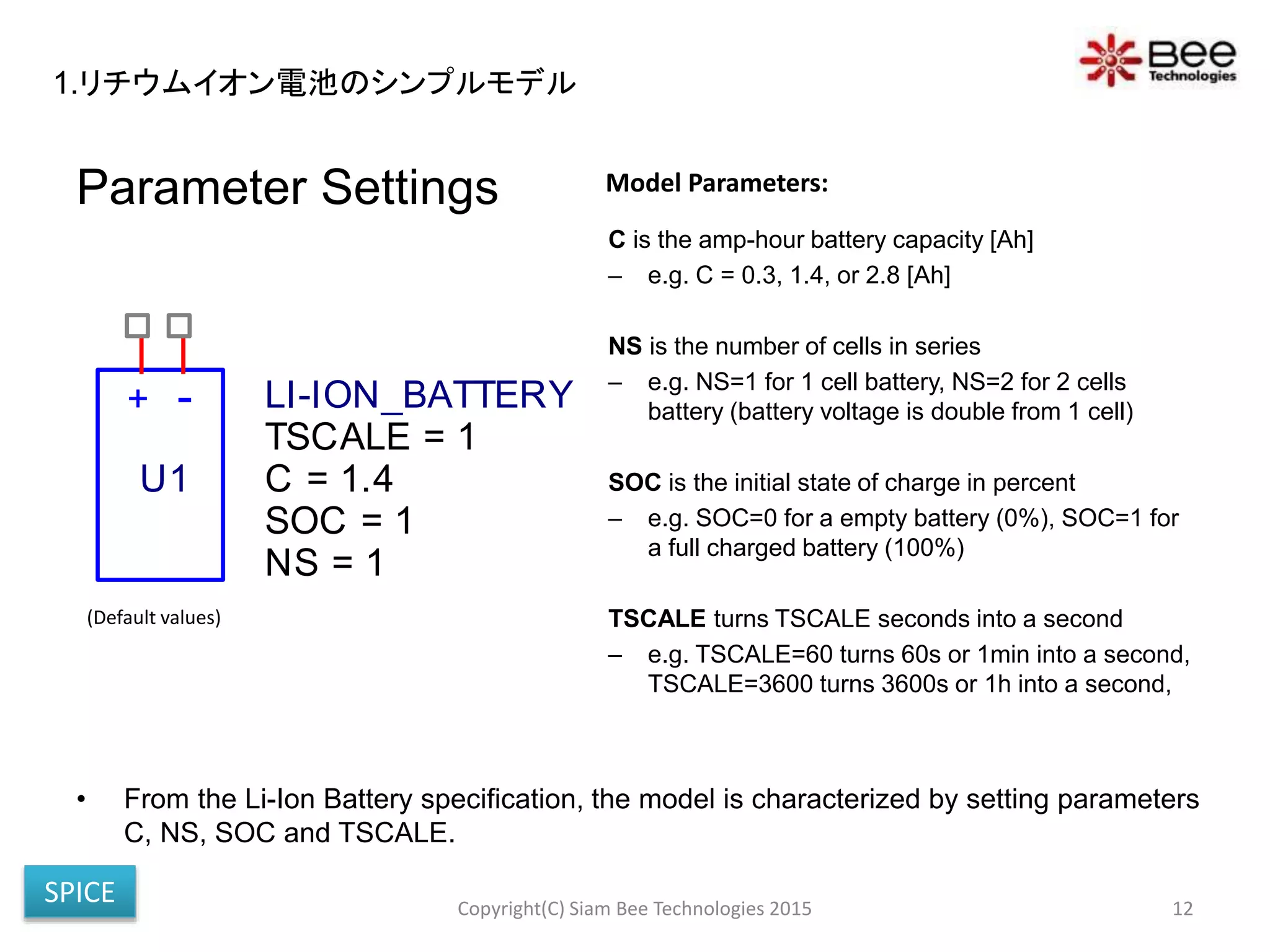 Parameter Settings
C is the amp-hour battery capacity [Ah]
– e.g. C = 0.3, 1.4, or 2.8 [Ah]
NS is the number of cells in series
– e.g. NS=1 for 1 cell battery, NS=2 for 2 cells
battery (battery voltage is double from 1 cell)
SOC is the initial state of charge in percent
– e.g. SOC=0 for a empty battery (0%), SOC=1 for
a full charged battery (100%)
TSCALE turns TSCALE seconds into a second
– e.g. TSCALE=60 turns 60s or 1min into a second,
TSCALE=3600 turns 3600s or 1h into a second,
• From the Li-Ion Battery specification, the model is characterized by setting parameters
C, NS, SOC and TSCALE.
Copyright(C) Siam Bee Technologies 2015 12
Model Parameters:
+ -
U1
LI-ION_BATTERY
SOC = 1
NS = 1
TSCALE = 1
C = 1.4
(Default values)
1.リチウムイオン電池のシンプルモデル
SPICE
 