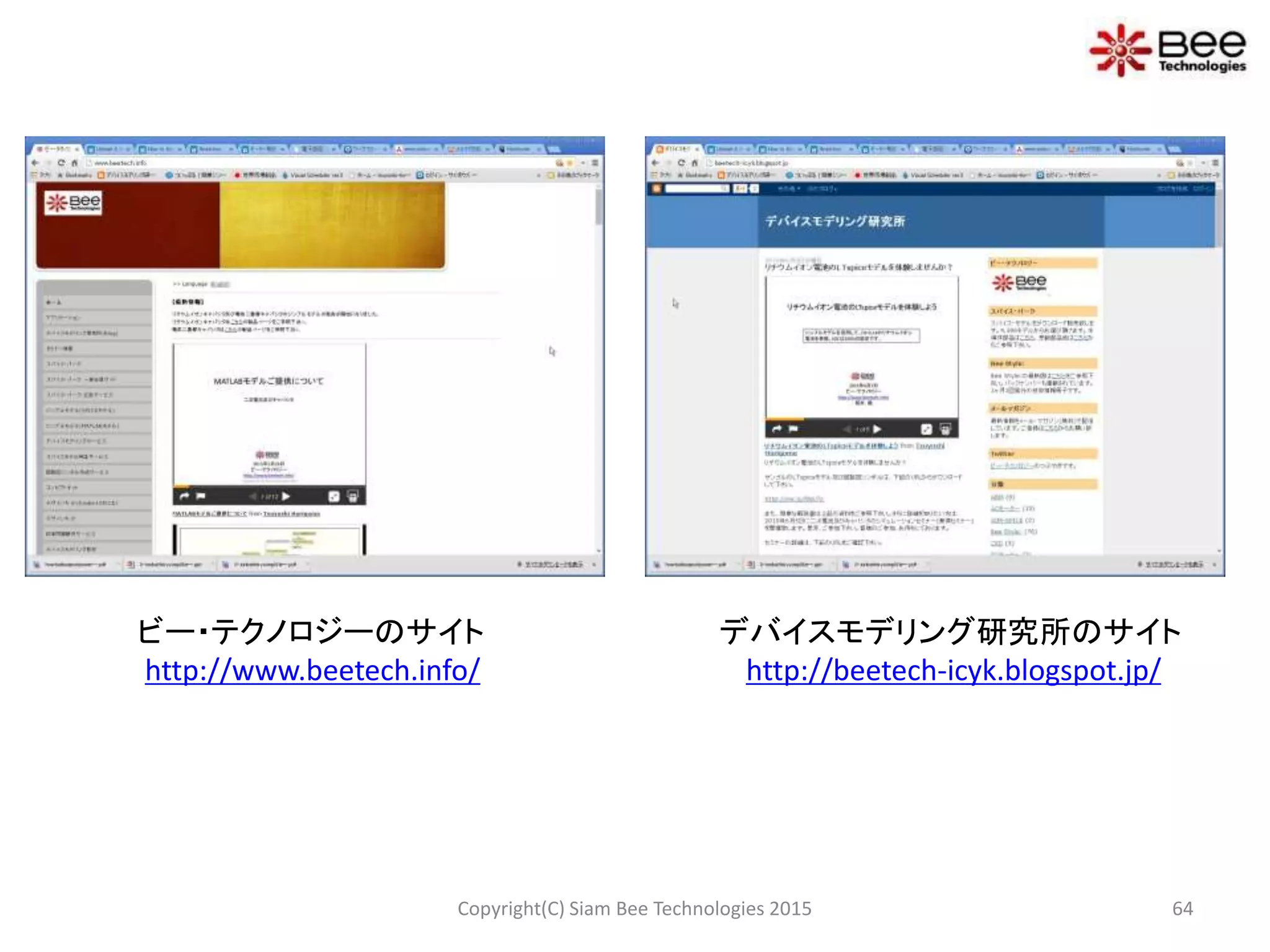 64Copyright(C) Siam Bee Technologies 2015
ビー・テクノロジーのサイト
http://www.beetech.info/
デバイスモデリング研究所のサイト
http://beetech-icyk.blogspot.jp/
 