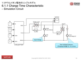 VBATT
Voch
(4.24*Ns)-0.07
VIN
5V
1
Tscale
0
Soc
+-
V
+
-
I
+
-
SENSE_IBAT
PSS
PS S
OUTPUT
1
Ns
NS
C
Tscale
%SOC
VSOC
PLUS
MINUS
LI-ION_BATTERY
ICHG
0.5C (700mA)1.4
Capacity
6.1.1 Charge Time Characteristic
 Simulation Circuit
34
Over-Voltage Protector:
(Charging Voltage*1) - VF of Diode
Input Voltage
Copyright(C) MARUTSU ELEC 2015
1.リチウムイオン電池のシンプルモデル
MATLAB
 