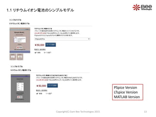 Copyright(C) Siam Bee Technologies 2015 13
1.1 リチウムイオン電池のシンプルモデル
PSpice Version
LTspice Version
MATLAB Version
 