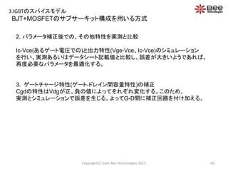 BJT+MOSFETのサブサーキット構成を用いる方式
2. パラメータ補正後での、その他特性を実測と比較
Ic-Vce(あるゲート電圧での)と出力特性(Vge-Vce、Ic-Vce)のシミュレーション
を行い、実測あるいはデータシート記載値と比較し、誤差が大きいようであれば、
再度必要なパラメータを最適化する。
3. ゲートチャージ特性(ゲート-ドレイン間容量特性)の補正
Cgdの特性はVdgが正、負の値によってそれぞれ変化する。このため、
実測とシミュレーションで誤差を生じる。よってG-D間に補正回路を付け加える。
69Copyright(C) Siam Bee Technologies 2015
3.IGBTのスパイスモデル
 