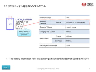 • The battery information refer to a battery part number LIR18500 of EEMB BATTERY.
Copyright(C) MARUTSU ELEC 2015 18
+ -
U1
LI-ION_BATTERY
SOC = 1
NS = 1
TSCALE = 60
C = 1.4
Battery capacity is
input as a model
parameter
Nominal Voltage 3.7V
Nominal
Capacity
Typical 1400mAh (0.2C discharge)
Charging Voltage 4.20V±0.05V
Charging Std. Current 700mA
Max Current
Charge 1400mA
Discharge 2800mA
Discharge cut-off voltage 2.75V
1.1 リチウムイオン電池のシンプルモデル
SPICE
 