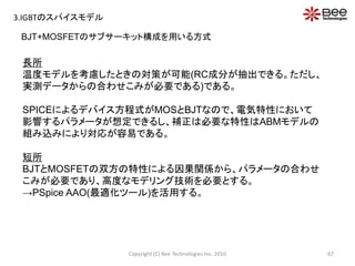長所
温度モデルを考慮したときの対策が可能(RC成分が抽出できる。ただし、
実測データからの合わせこみが必要である)である。
SPICEによるデバイス方程式がMOSとBJTなので、電気特性において
影響するパラメータが想定できるし、補正は必要な特性はABMモデルの
組み込みにより対応が容易である。
短所
BJTとMOSFETの双方の特性による因果関係から、パラメータの合わせ
こみが必要であり、高度なモデリング技術を必要とする。
→PSpice AAO(最適化ツール)を活用する。
BJT+MOSFETのサブサーキット構成を用いる方式
67Copyright (C) Bee Technologies Inc. 2010
3.IGBTのスパイスモデル
 
