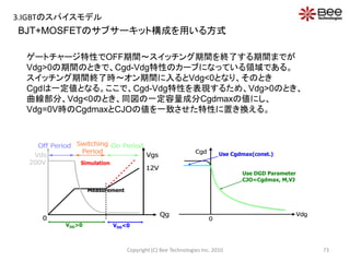 BJT+MOSFETのサブサーキット構成を用いる方式
ゲートチャージ特性でOFF期間～スイッチング期間を終了する期間までが
Vdg>0の期間のときで、Cgd-Vdg特性のカーブになっている領域である。
スイッチング期間終了時～オン期間に入るとVdg<0となり、そのとき
Cgdは一定値となる。ここで、Cgd-Vdg特性を表現するため、Vdg>0のとき、
曲線部分、Vdg<0のとき、同図の一定容量成分Cgdmaxの値にし、
Vdg=0V時のCgdmaxとCJOの値を一致させた特性に置き換える。
0
Qg
Vgs
Off Period Switching
Period
On Period
12V
Vds
200V Simulation
Measurement
VDG>0 VDG<0
0
Vdg
Cgd Use Cgdmax(const.)
Use DGD Parameter
CJO=Cgdmax, M,VJ
Fig2-6 Relation of Gate on Charge Characteristic and CGD
73Copyright (C) Bee Technologies Inc. 2010
3.IGBTのスパイスモデル
 