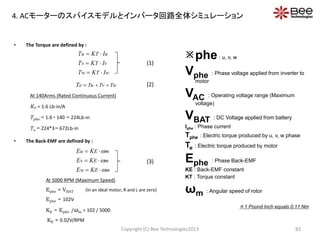 • The Torque are defined by :
At 140Arms (Rated Continuous Current)
KT = 1.6 Lb-in/A
Tphe = 1.6  140 = 224Lb-in
Te = 224*3= 672Lb-in
• The Back-EMF are defined by :
At 5000 RPM (Maximum Speed)
Ephe ≈ VBAT (In an ideal motor, R and L are zero)
Ephe = 102V
KE = Ephe /ωm = 102 / 5000
KE ≈ 0.02V/RPM
Copyright (C) Bee Technologies2013 82
wTw
vTv
uTu
IKT
IKT
IKT



mEw
mEv
mEu
KE
KE
KE






phe: u, v, w
Vphe : Phase voltage applied from inverter to
motor
VAC : Operating voltage range (Maximum
voltage)
VBAT : DC Voltage applied from battery
Iphe : Phase current
Tphe : Electric torque produced by u, v, w phase
Te : Electric torque produced by motor
Ephe : Phase Back-EMF
KE : Back-EMF constant
KT : Torque constant
ωm : Angular speed of rotor
 1 Pound Inch equals 0.11 Nm
TwTvTueT 
(1)
(2)
(3)
4. ACモーターのスパイスモデルとインバータ回路全体シミュレーション
 